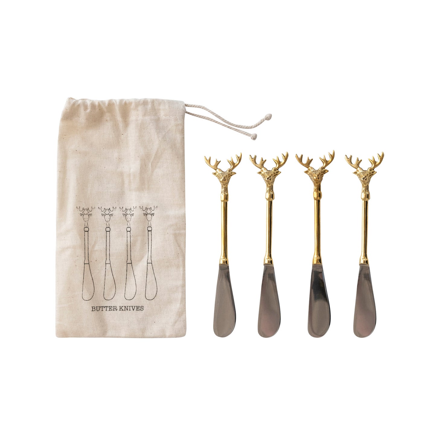 Stainless Steel & Brass Reindeer Canape Knives, Set of 3